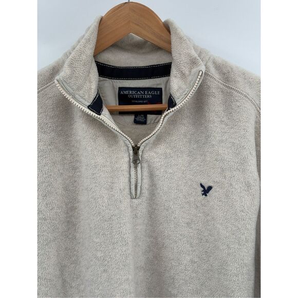 American Eagle Outfitters Fleece Sweater 1/4 Zip Y2K Men Large Gray Beige - Picture 10 of 12